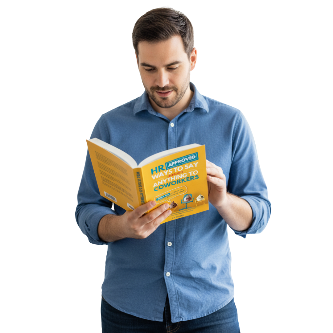 Man reading HR Approved Ways to Say (Almost) Anything to Coworkers